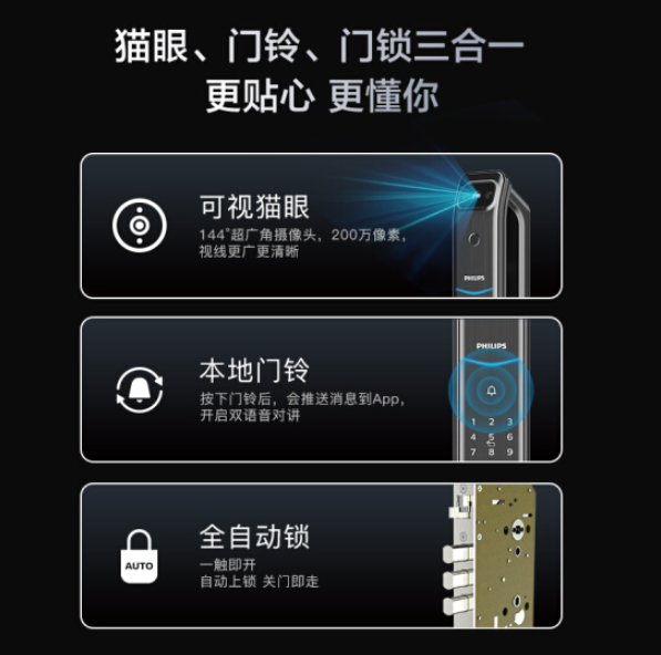 飞利浦(PHILIPS)指纹锁708V智能门锁密码锁家用防盗门电子锁感应锁全自动猫眼可视锁曜石黑
